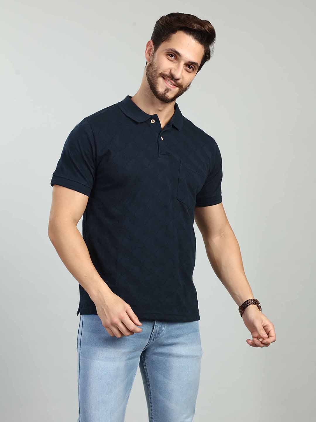 Dark Navy Striped Polo Neck T-Shirt