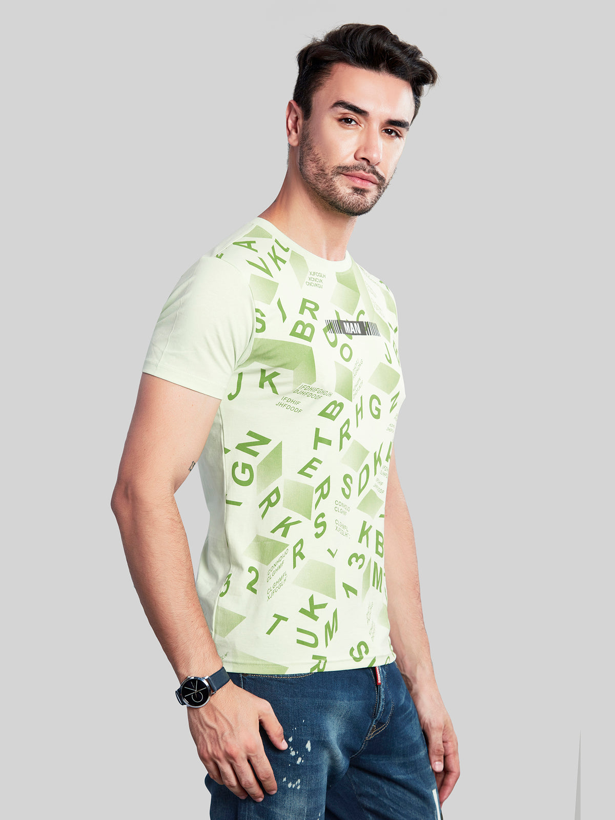 Sea Green Printed Round Neck T-Shirt