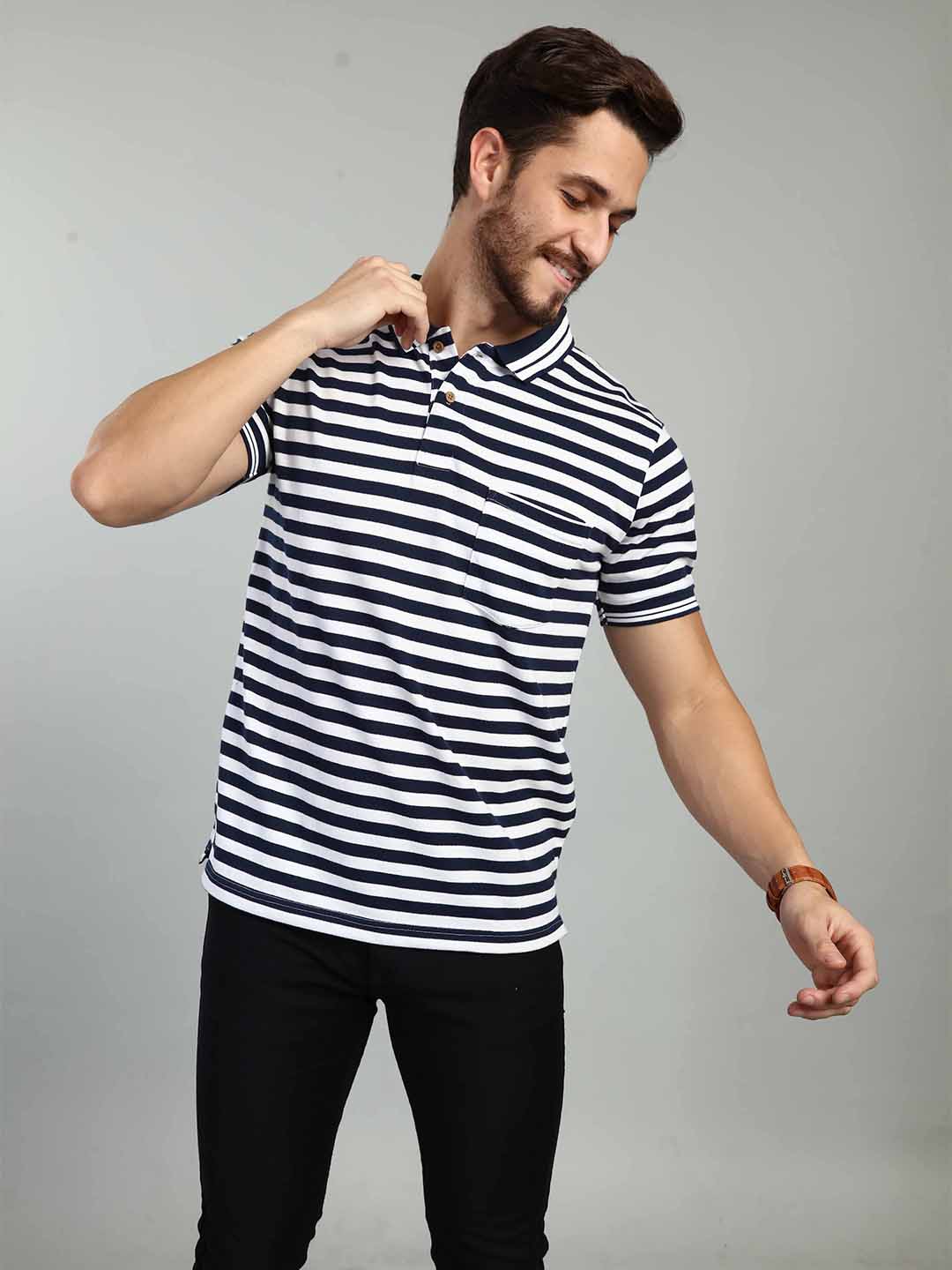 Navy Strpied Polo Neck T-Shirt
