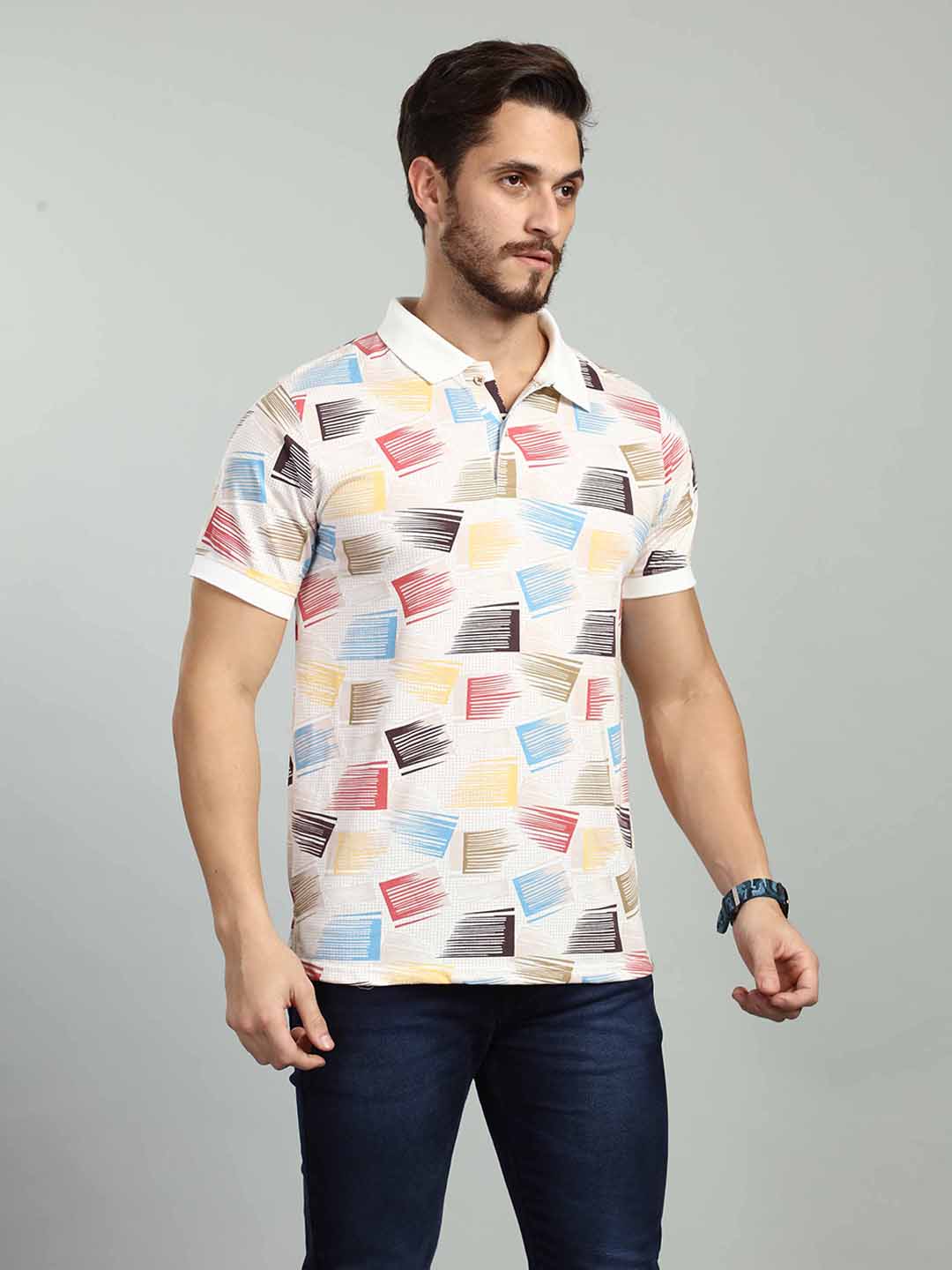 Beige Printed Polo Neck T-Shirt