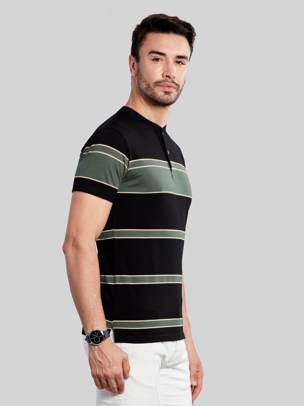 Black with Green Striped Henly Neck T-Shirt