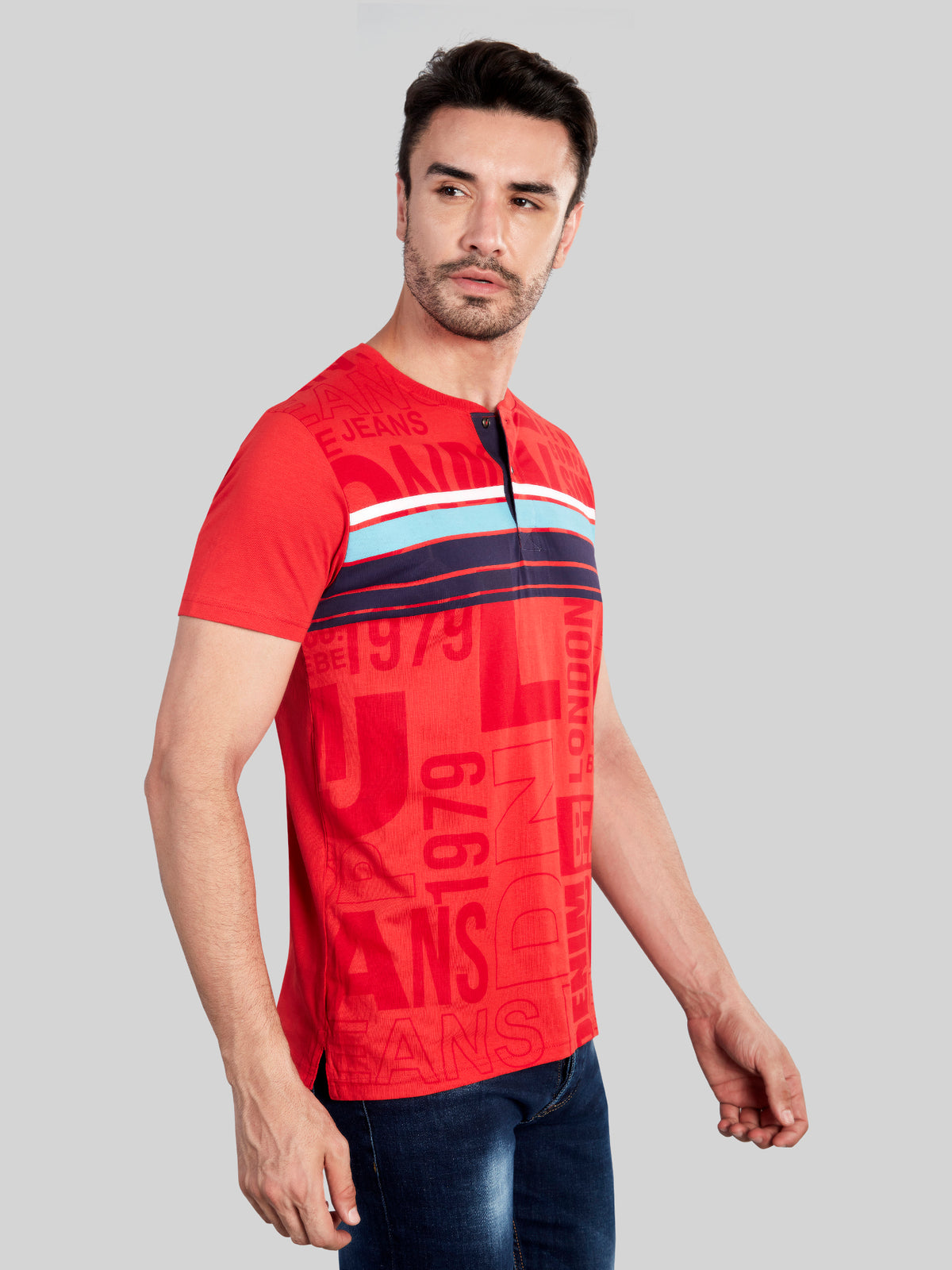 Red Printed Henly Neck T-Shirt