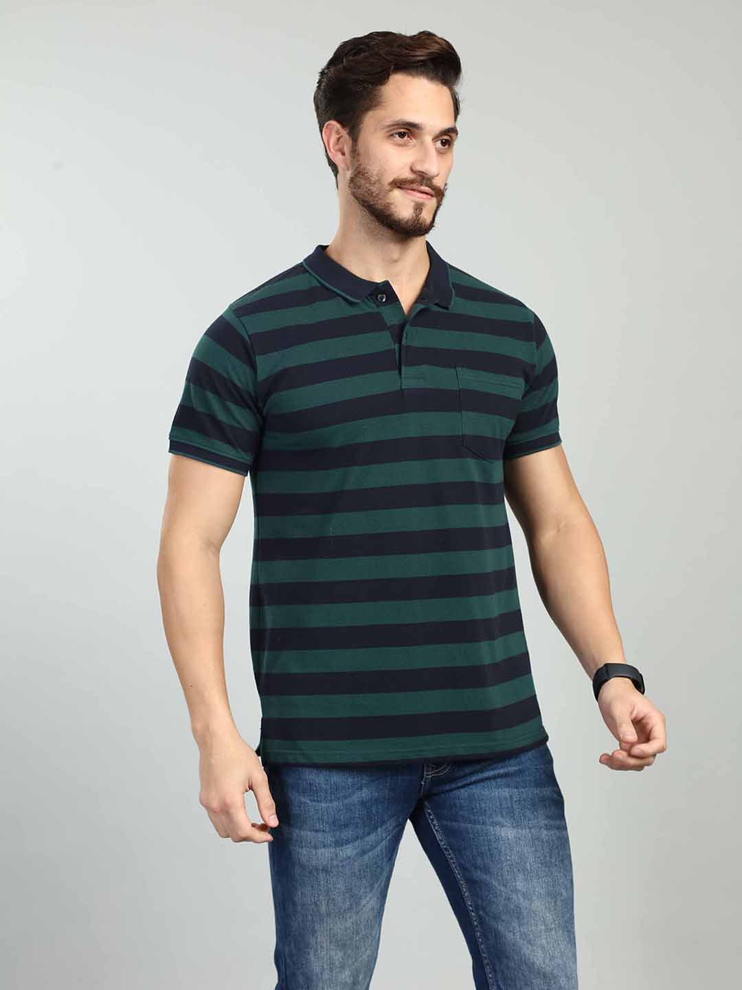 Green Striped Polo Neck T-Shirt