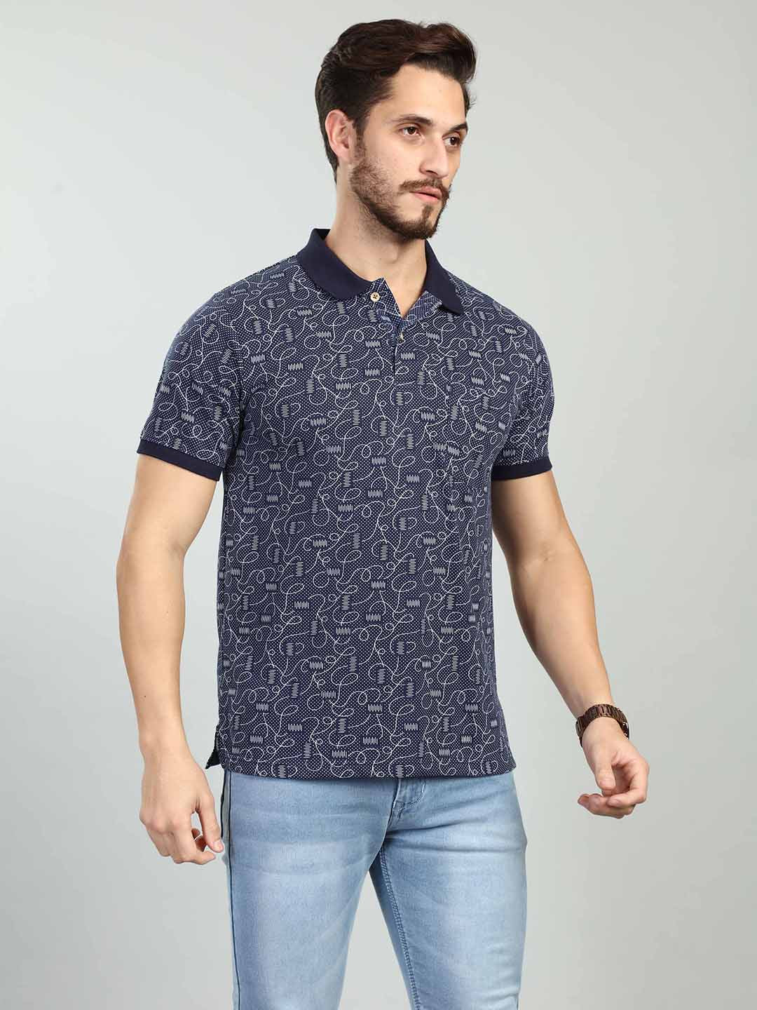 Navy Printed Polo Neck T-Shirt