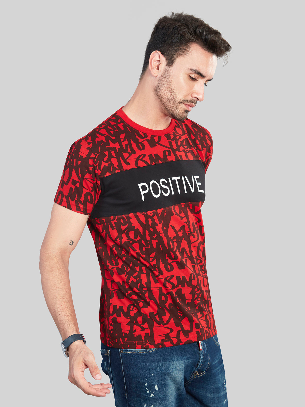 Red with Black Printed Round Neck T-Shirt
