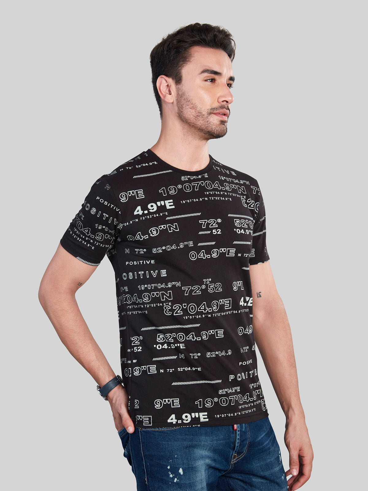 Black Printed Round Neck T-Shirt