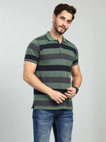 Green Striped Polo Neck T-Shirt
