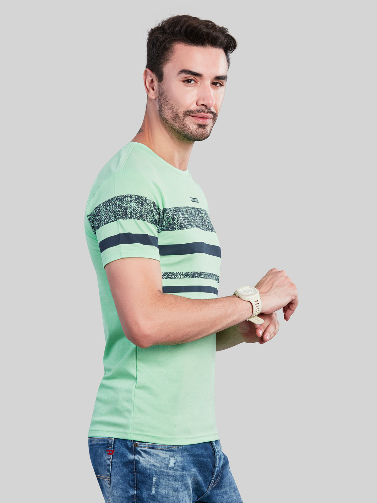 Green Striped Round Neck T-Shirt
