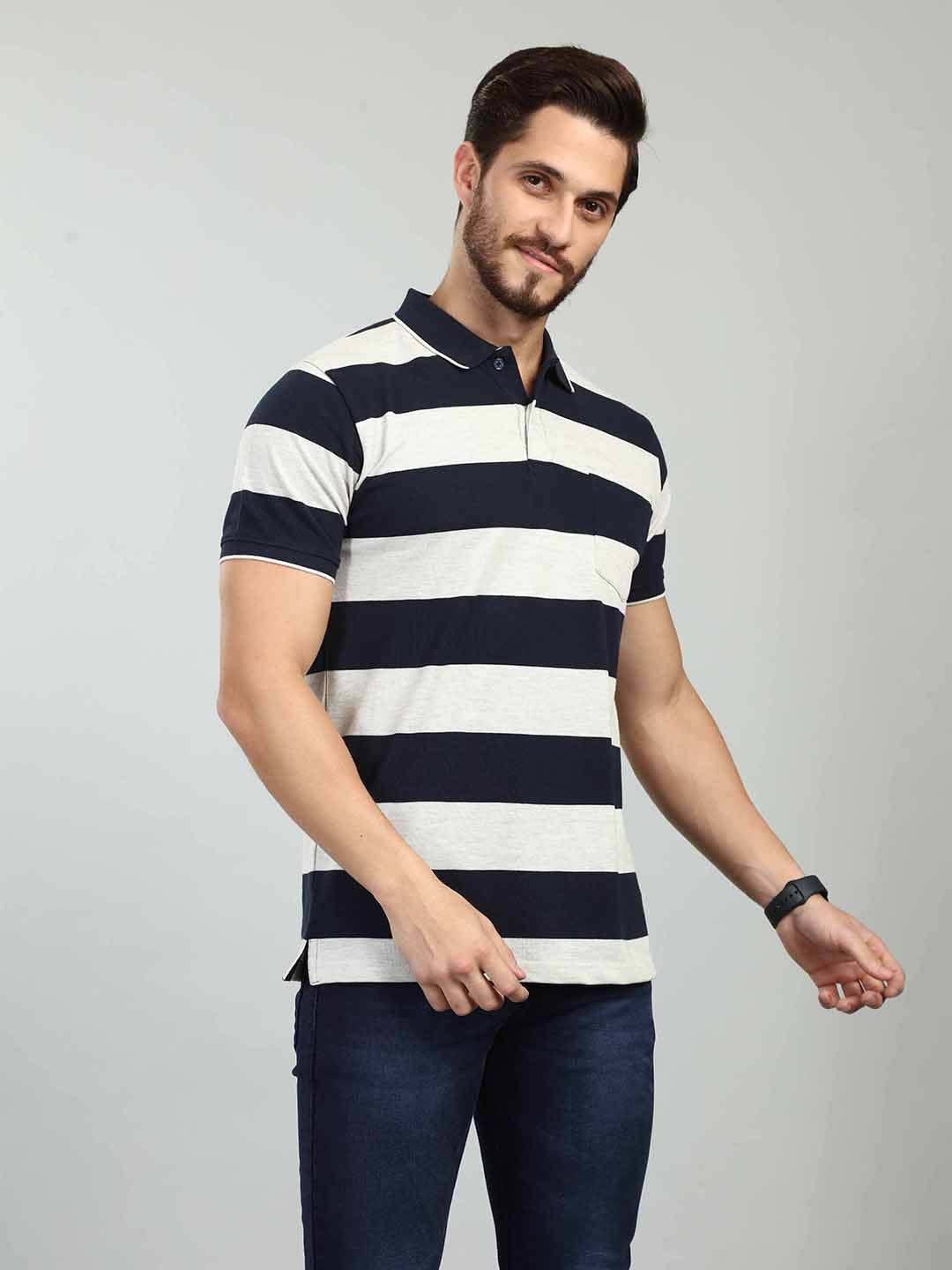 Navy Striped Polo Neck T-Shirt