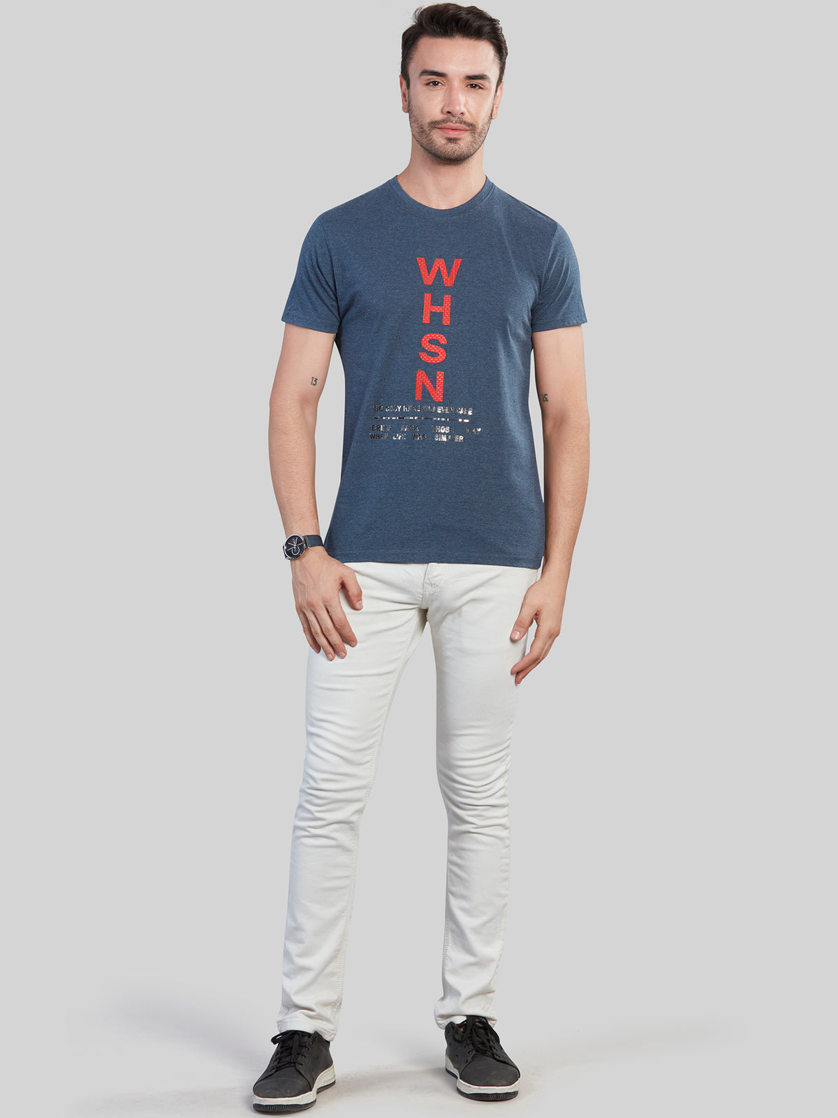 Blue Printed Round Neck T-Shirt