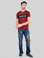 Red with Black Printed Round Neck T-Shirt