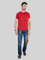Red with Black Printed Round Neck T-Shirt