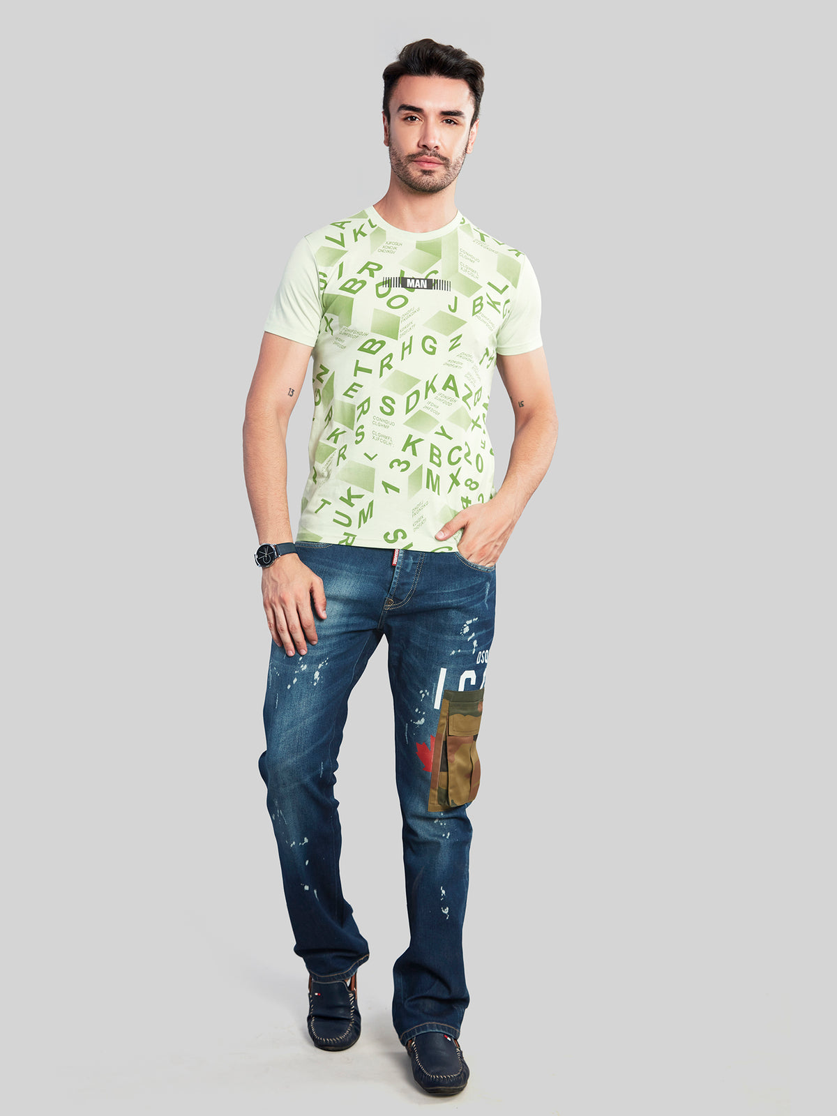 Sea Green Printed Round Neck T-Shirt