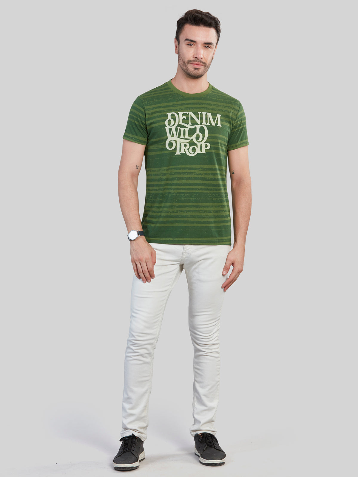 Green Printed Striped Round Neck T-Shirt
