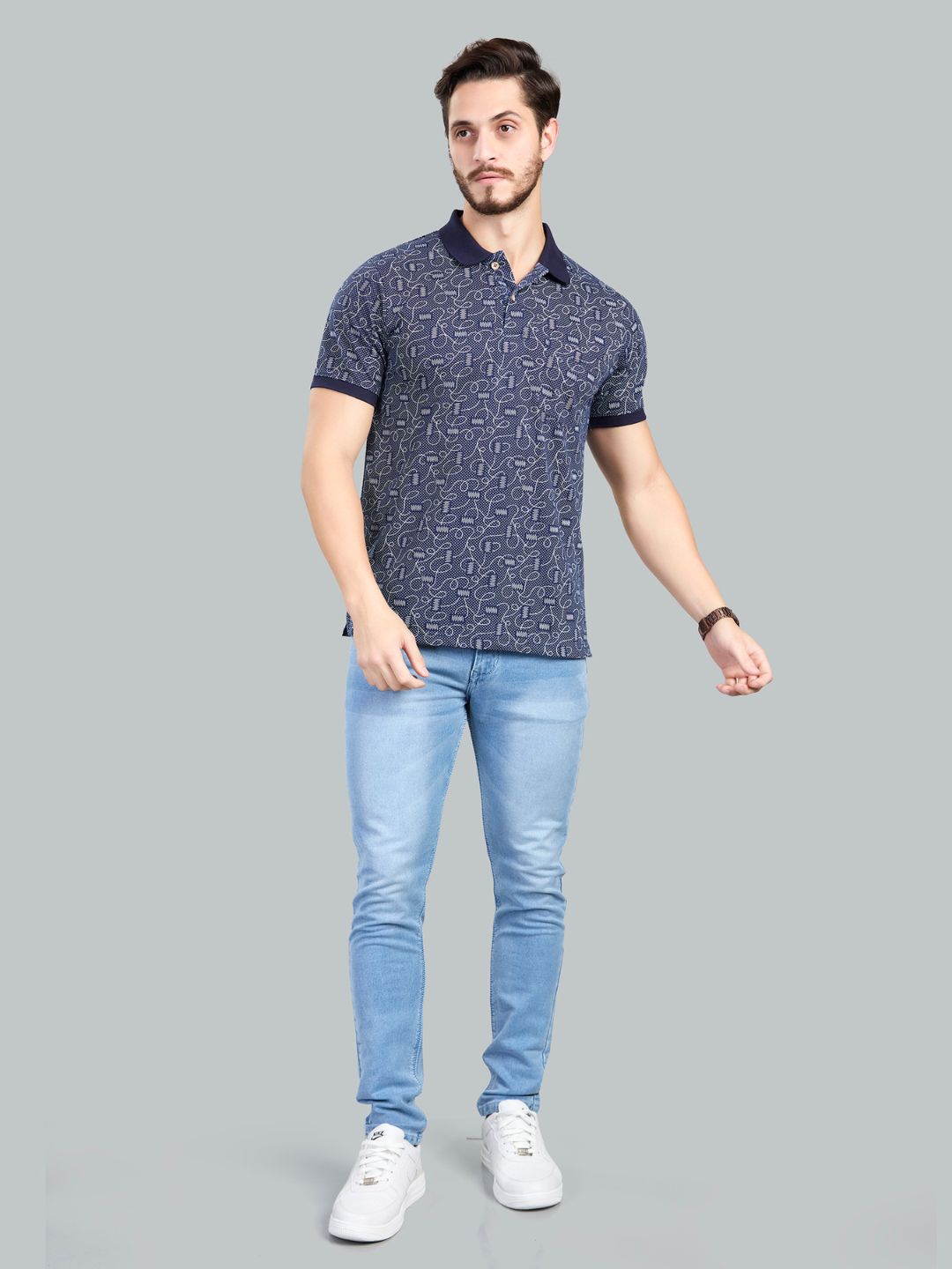 Navy Printed Polo Neck T-Shirt