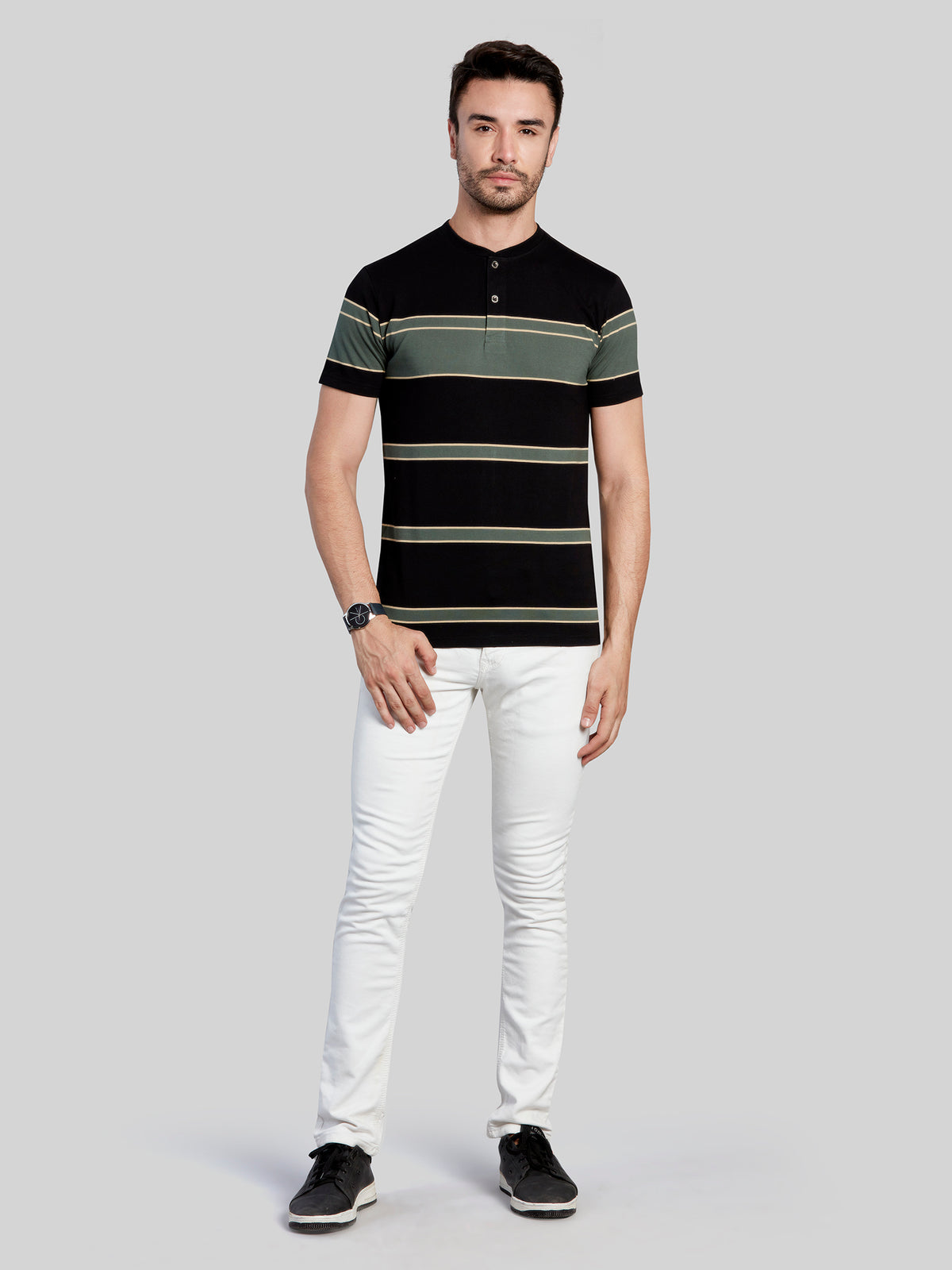 Black with Green Striped Henly Neck T-Shirt