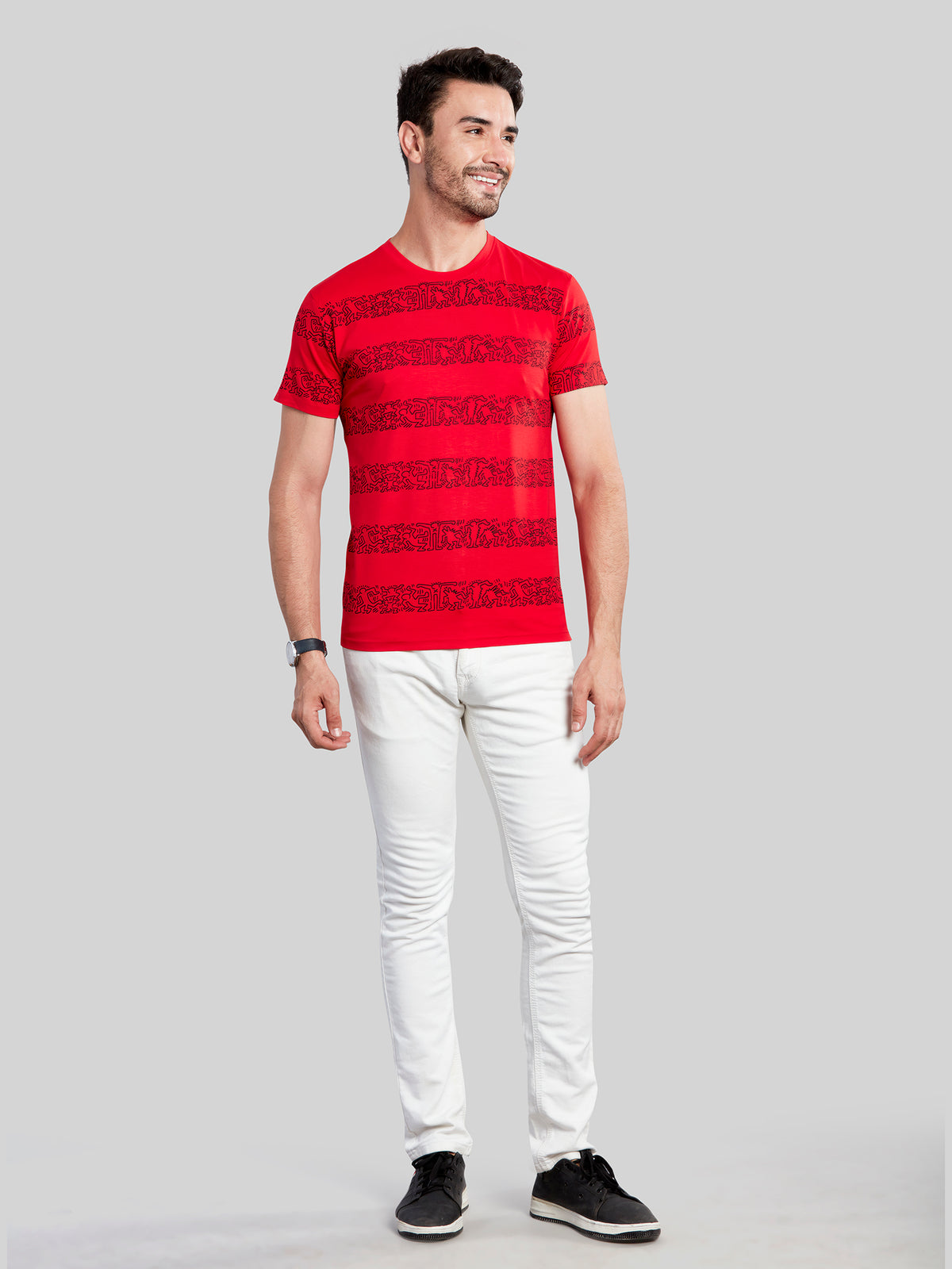 Red with Black Printed Round Neck T-Shirt