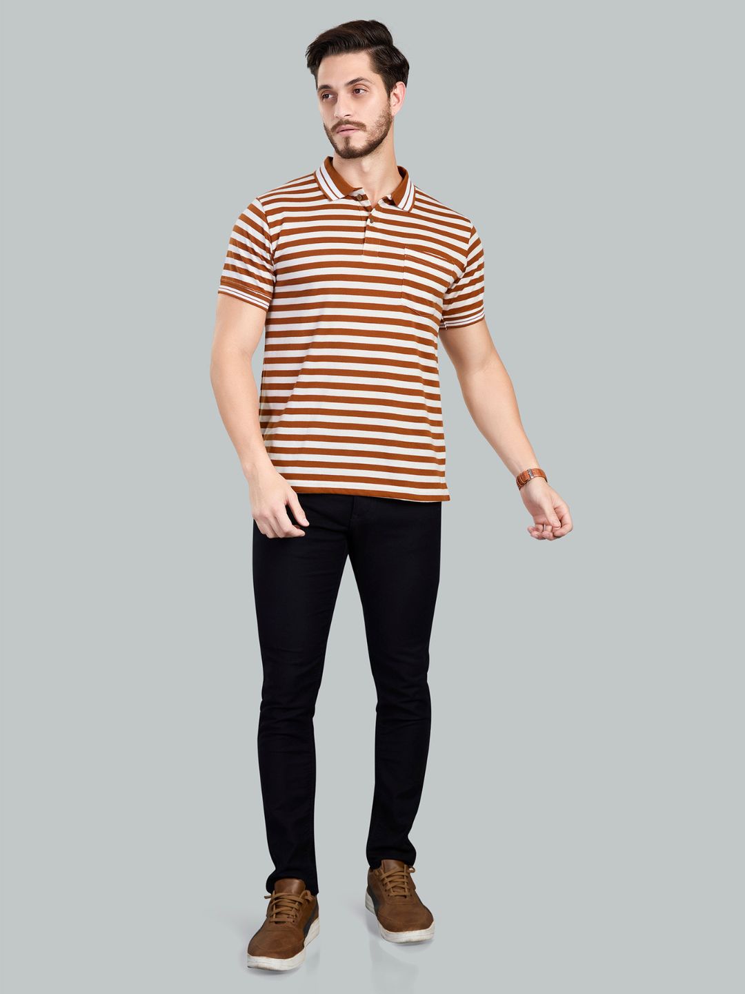 Rust Striped Polo Neck T-Shirt
