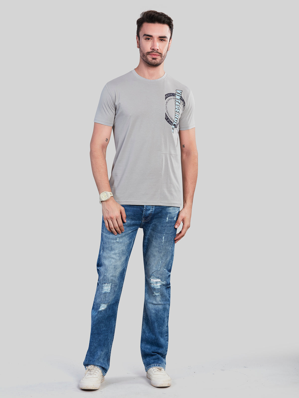 Grey Printed Round Neck T-Shirt