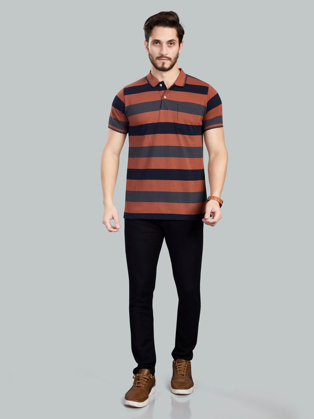 Rust Striped Polo Neck T-Shirt
