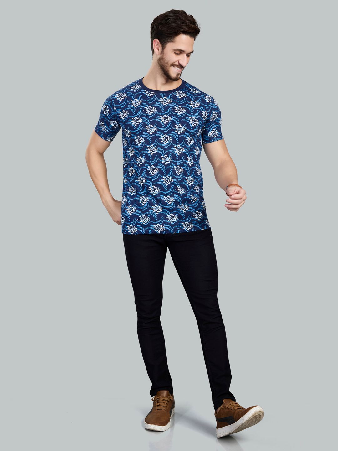 Navy Printed Polo Neck T-Shirt