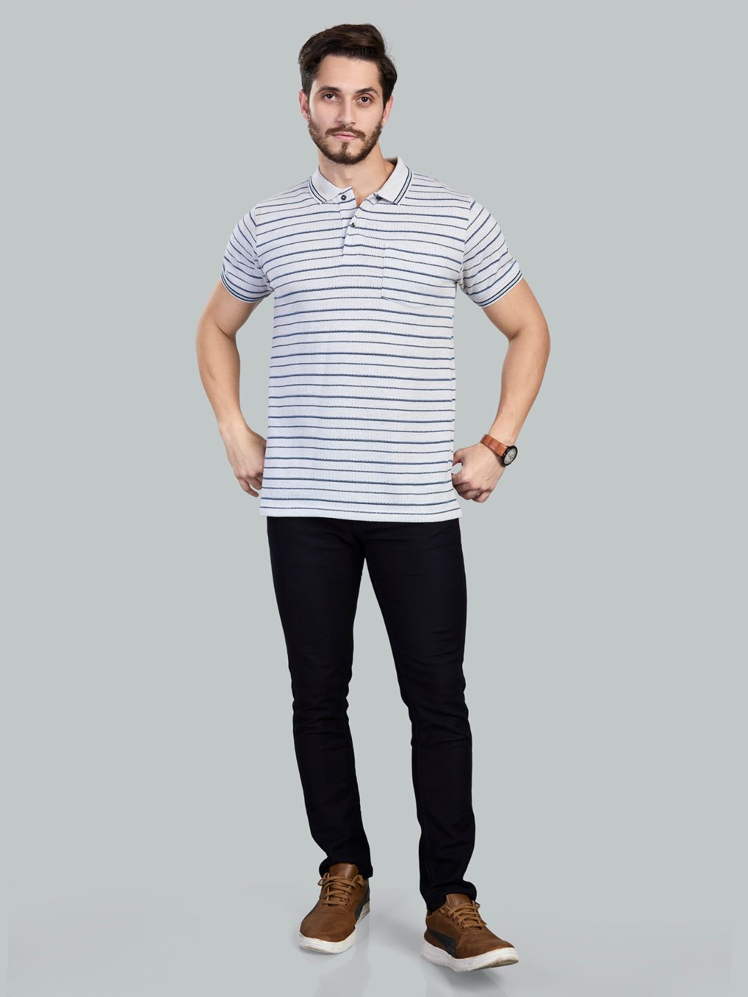 Grey Striped Polo Neck T-Shirt