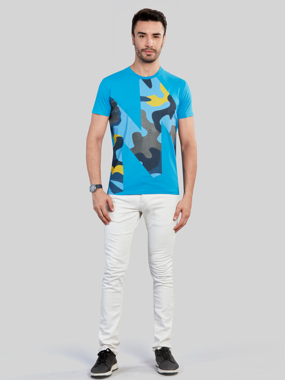 Sky Blue Printed Round Neck T-Shirt