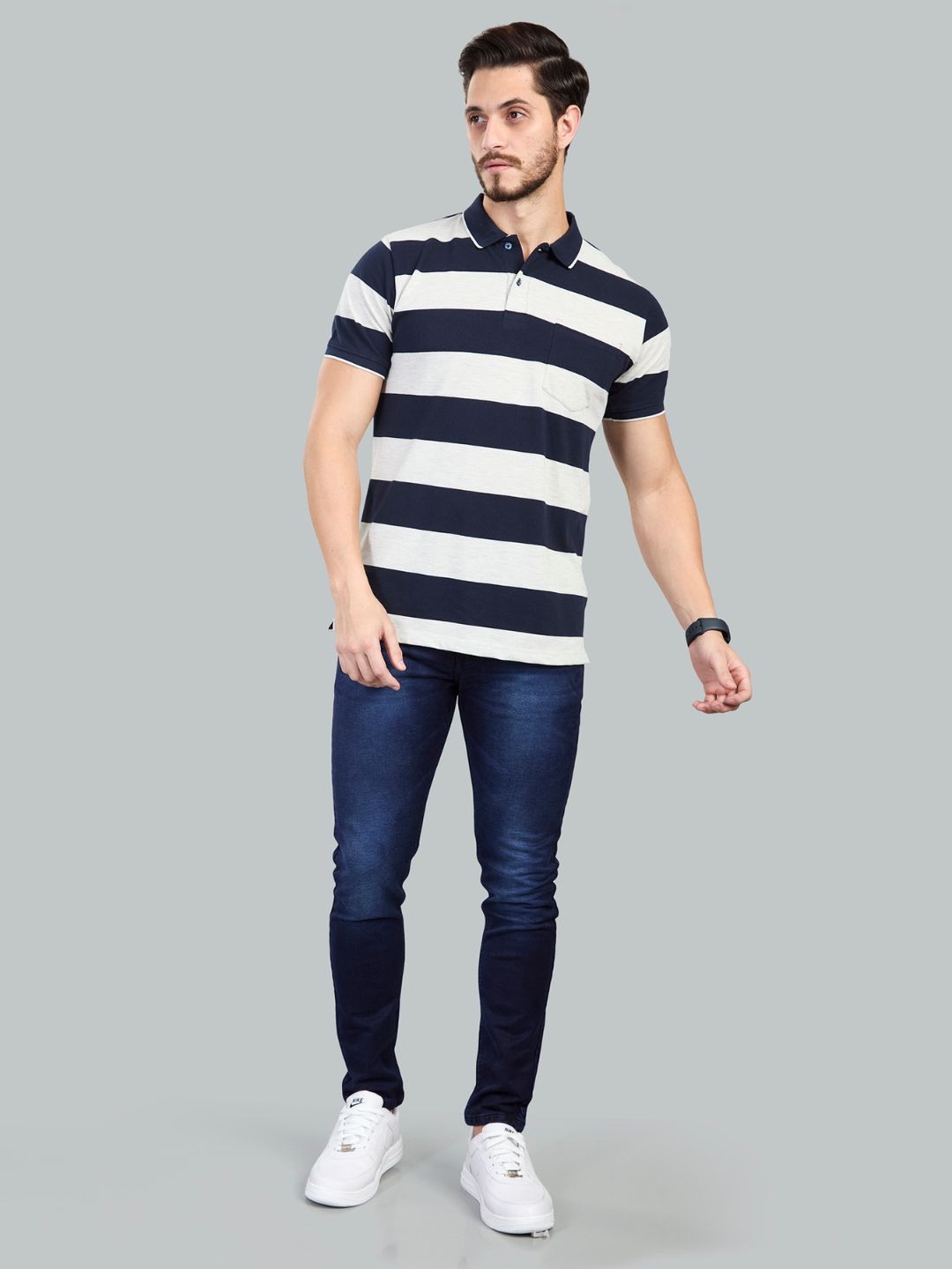Navy Striped Polo Neck T-Shirt
