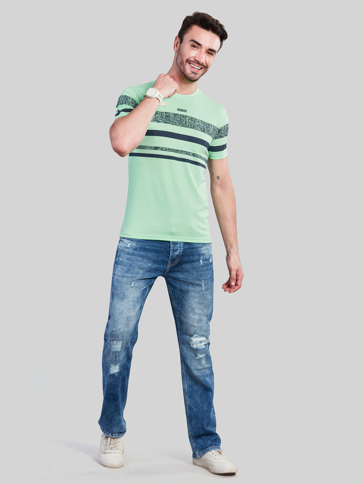 Green Striped Round Neck T-Shirt