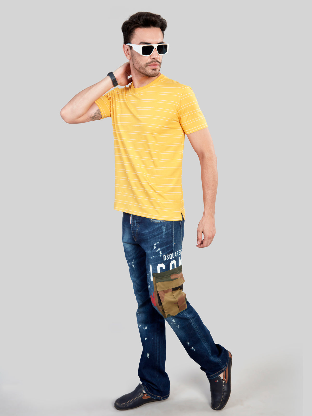 Yellow Striped Round Neck T-Shirt