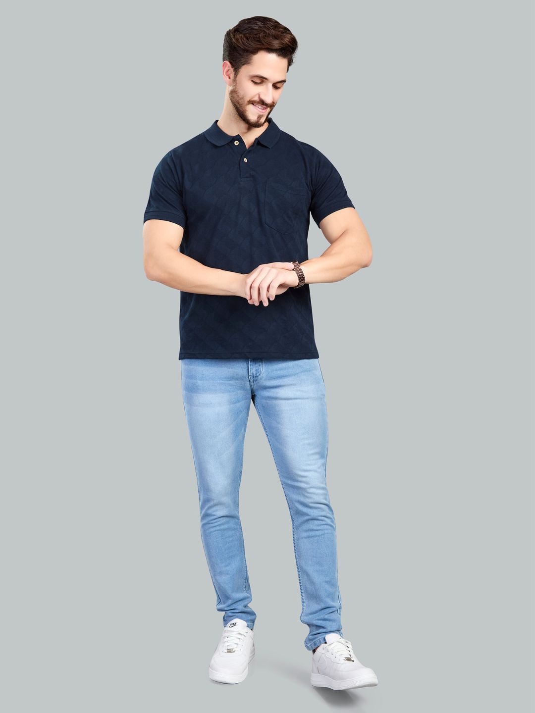 Dark Navy Striped Polo Neck T-Shirt