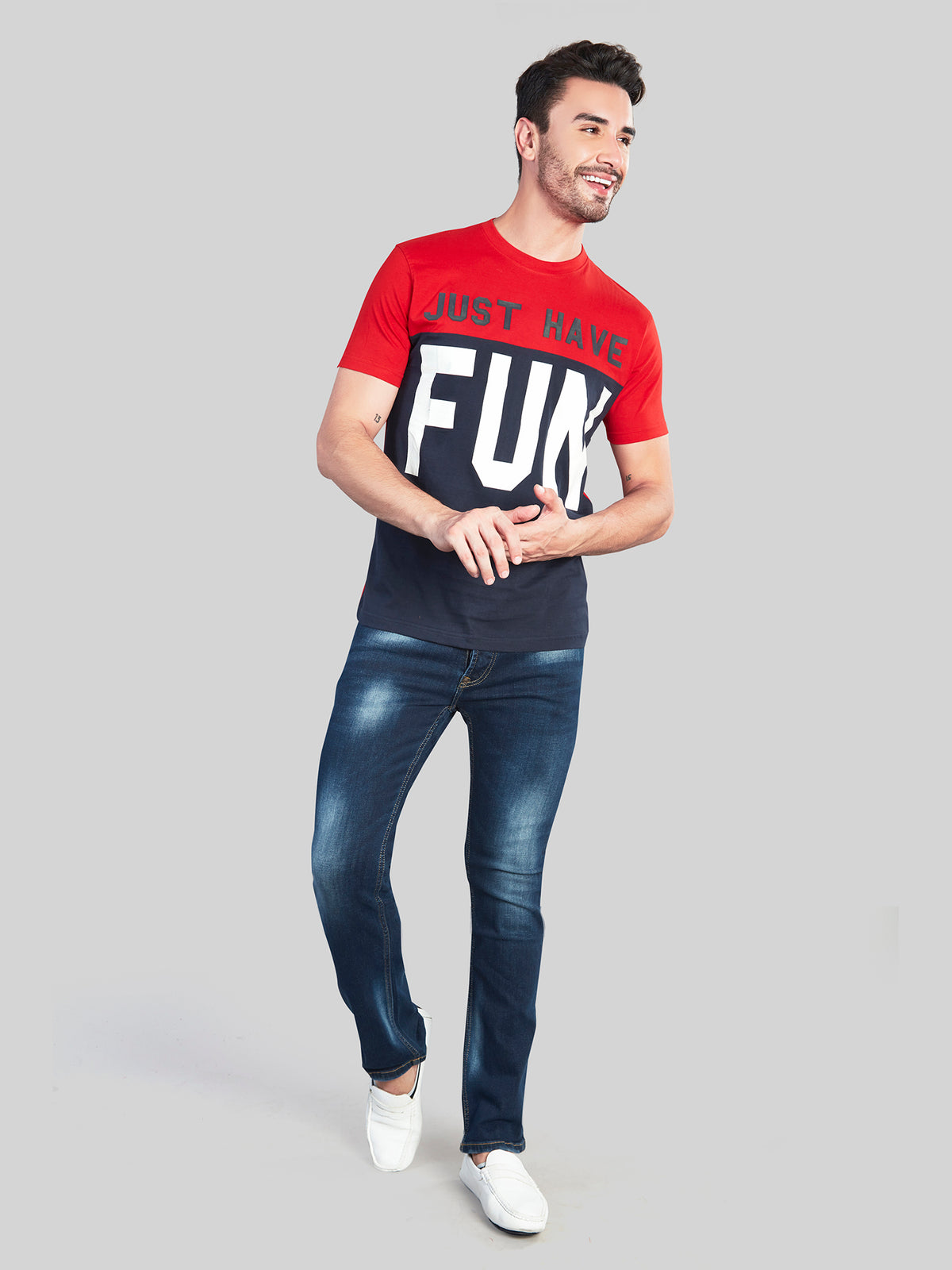 Red with Blue Printed Round Neck T-Shirt