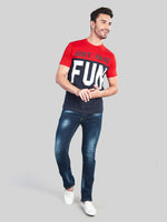 Red with Blue Printed Round Neck T-Shirt