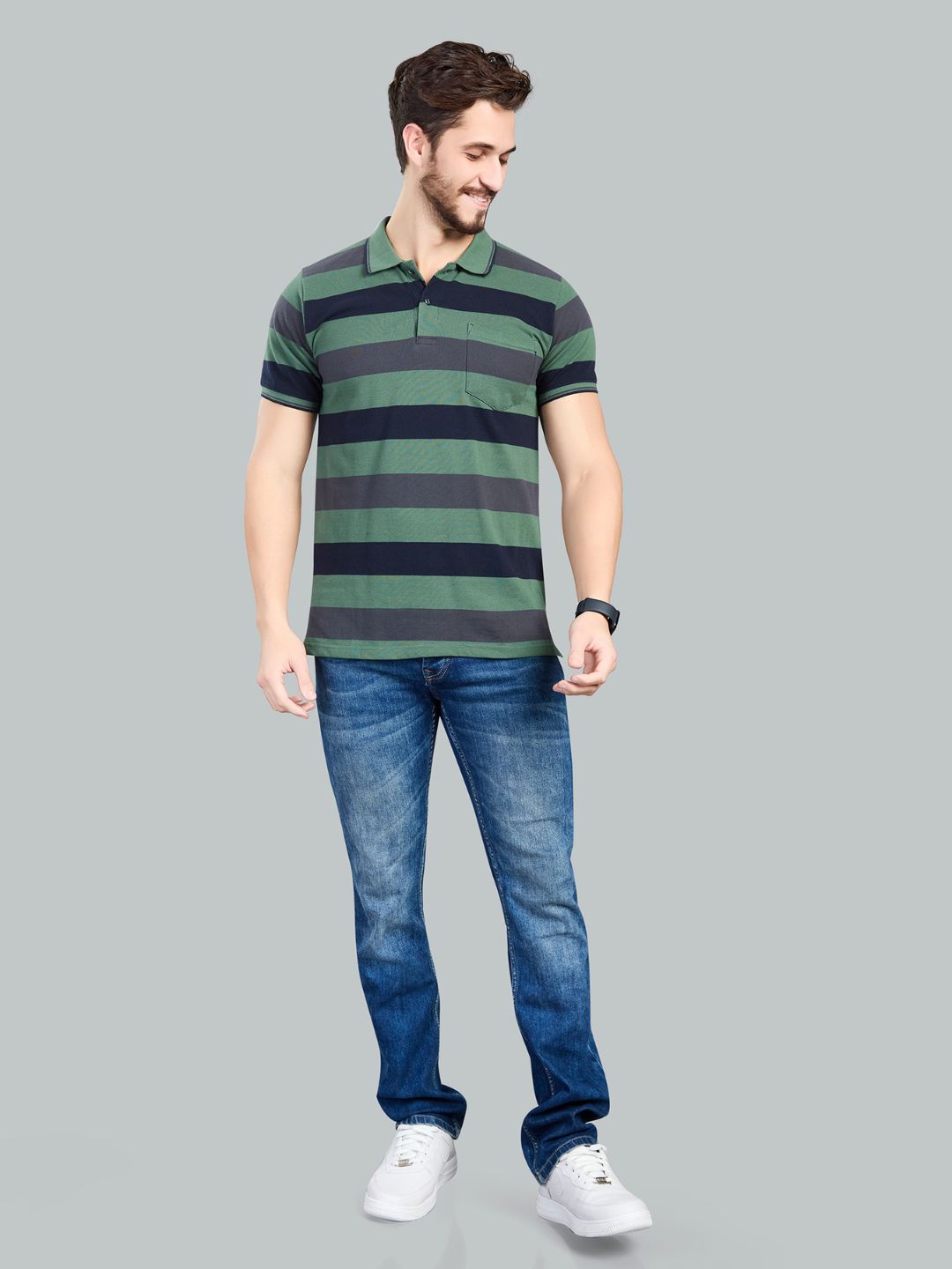 Green Striped Polo Neck T-Shirt