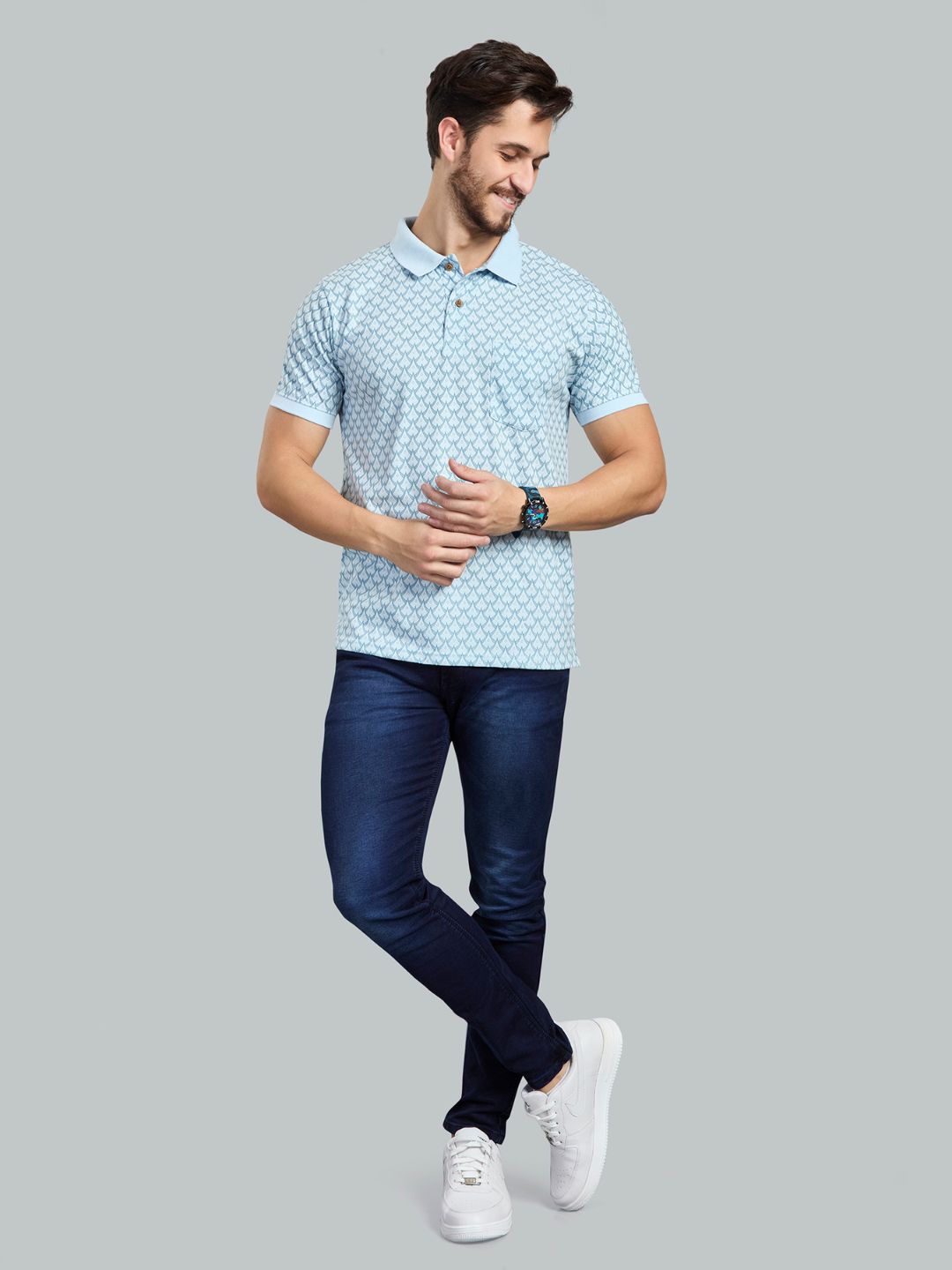 Sky Blue Printed Polo Neck T-Shirt