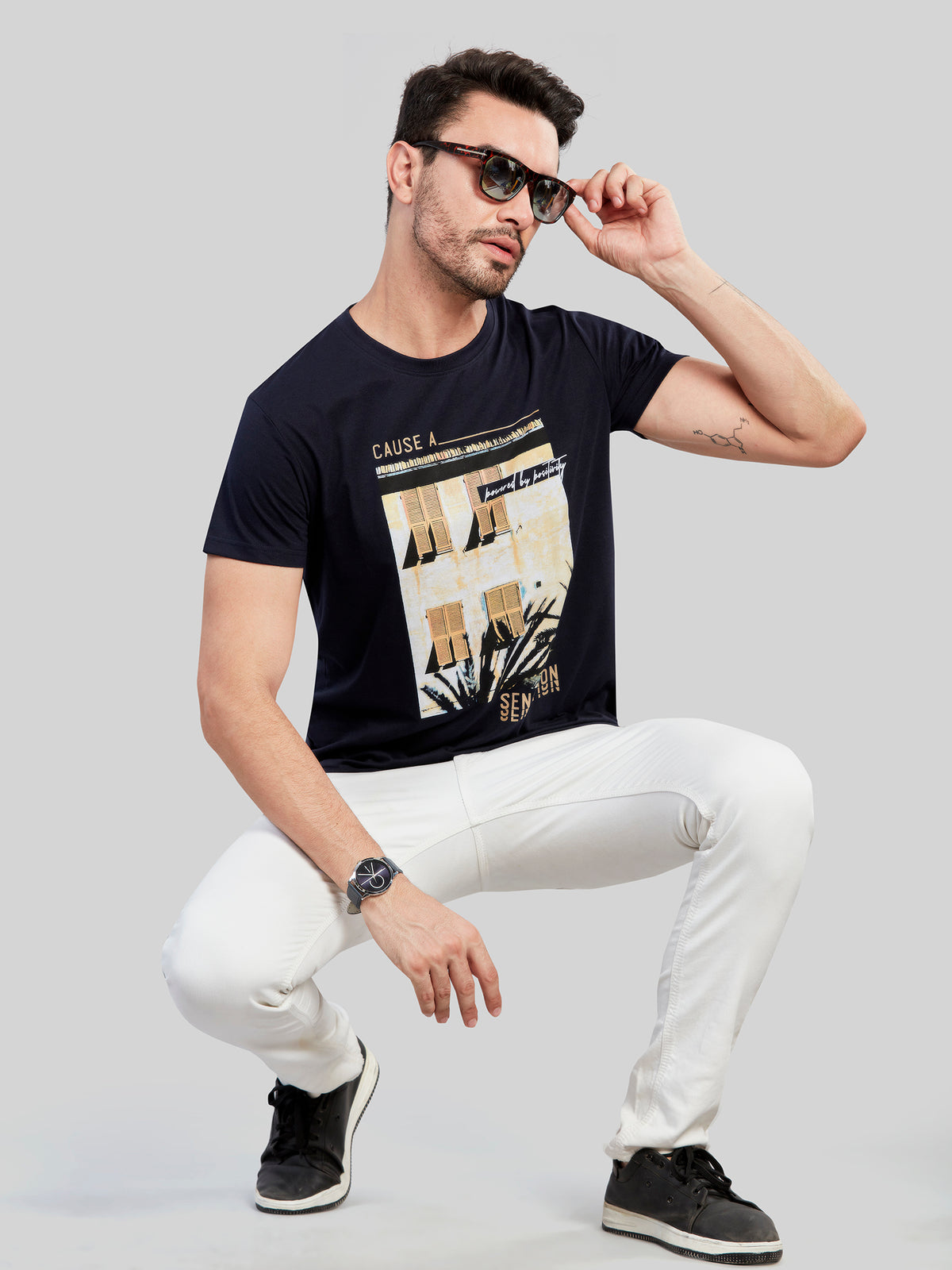 Navy Printed Round Neck T-Shirt