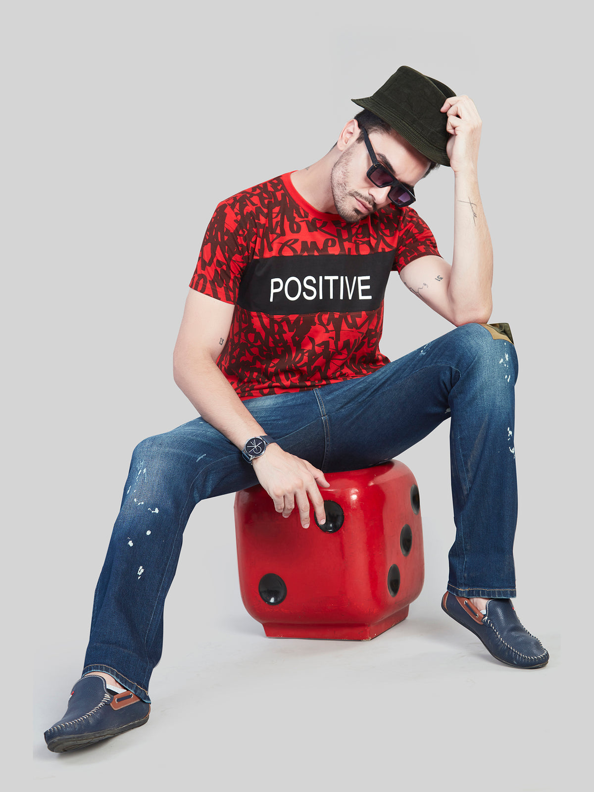 Red with Black Printed Round Neck T-Shirt