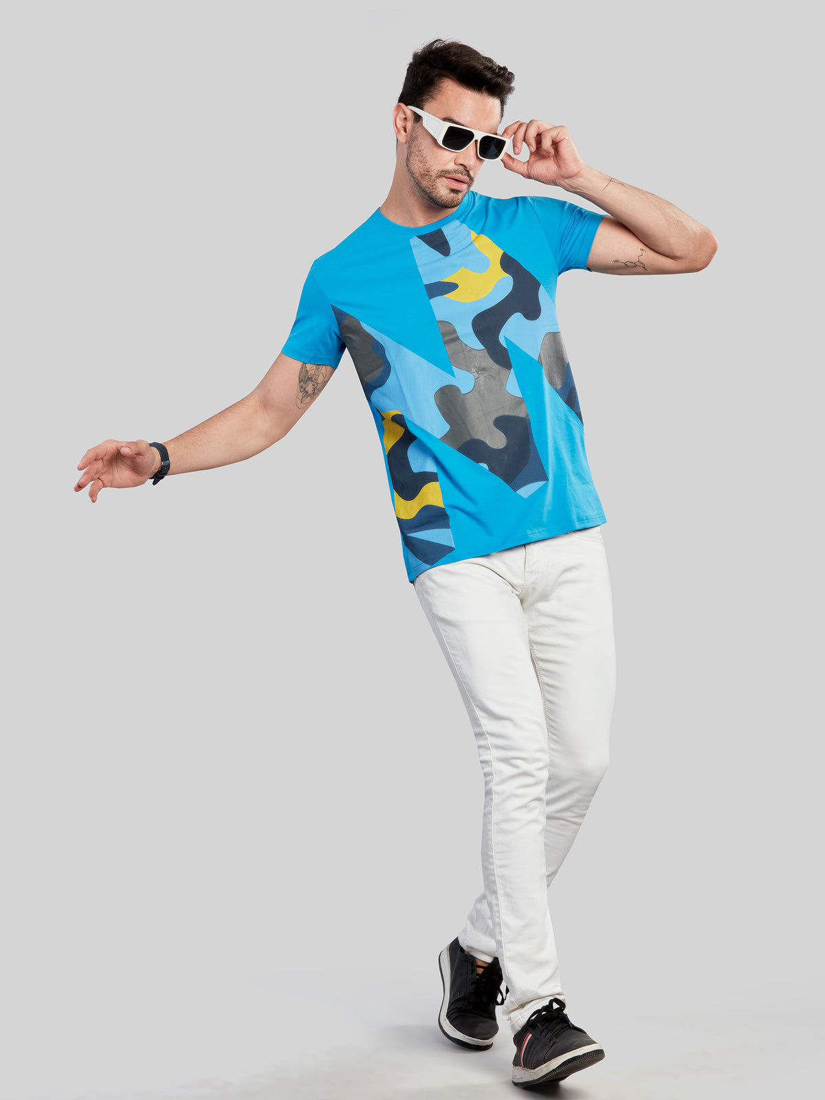 Sky Blue Printed Round Neck T-Shirt