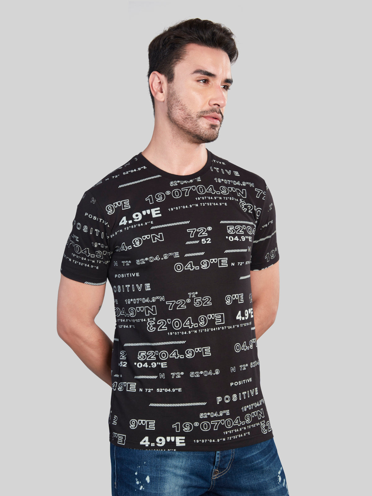 Black Printed Round Neck T-Shirt