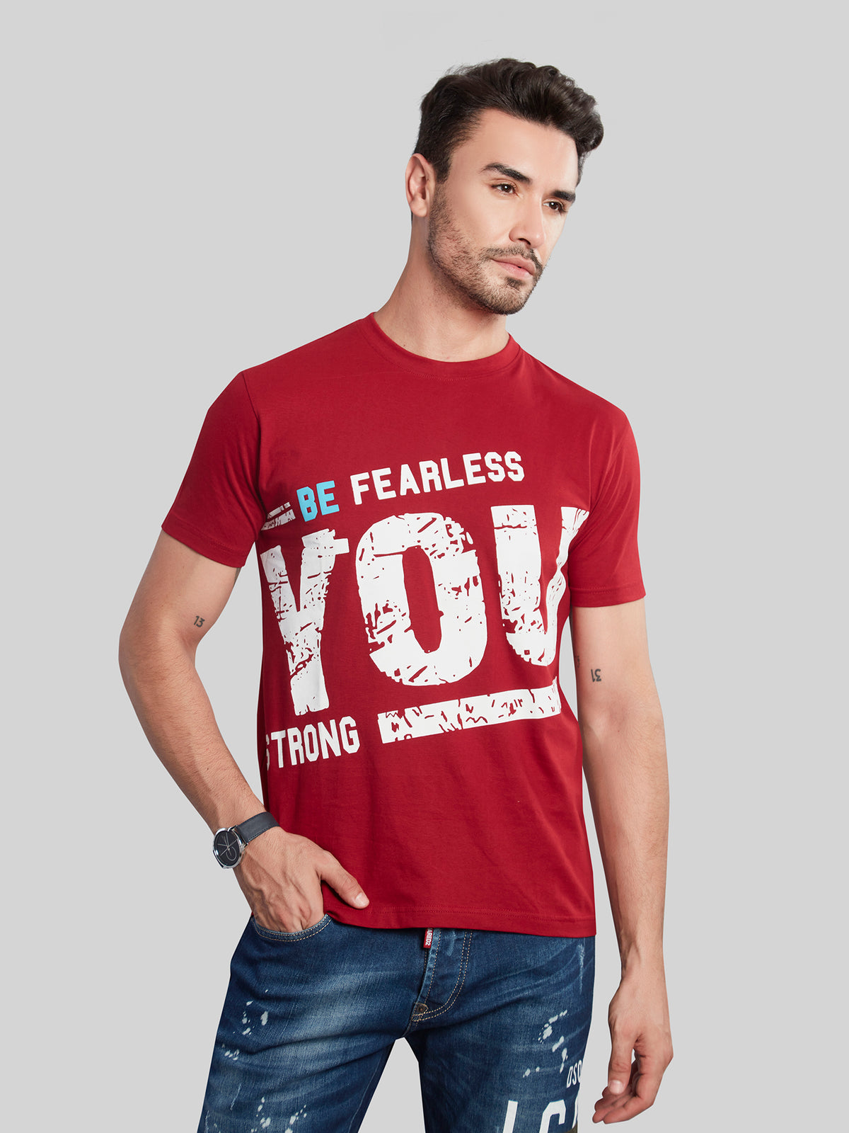 Maroon Printed Round Neck T-Shirt