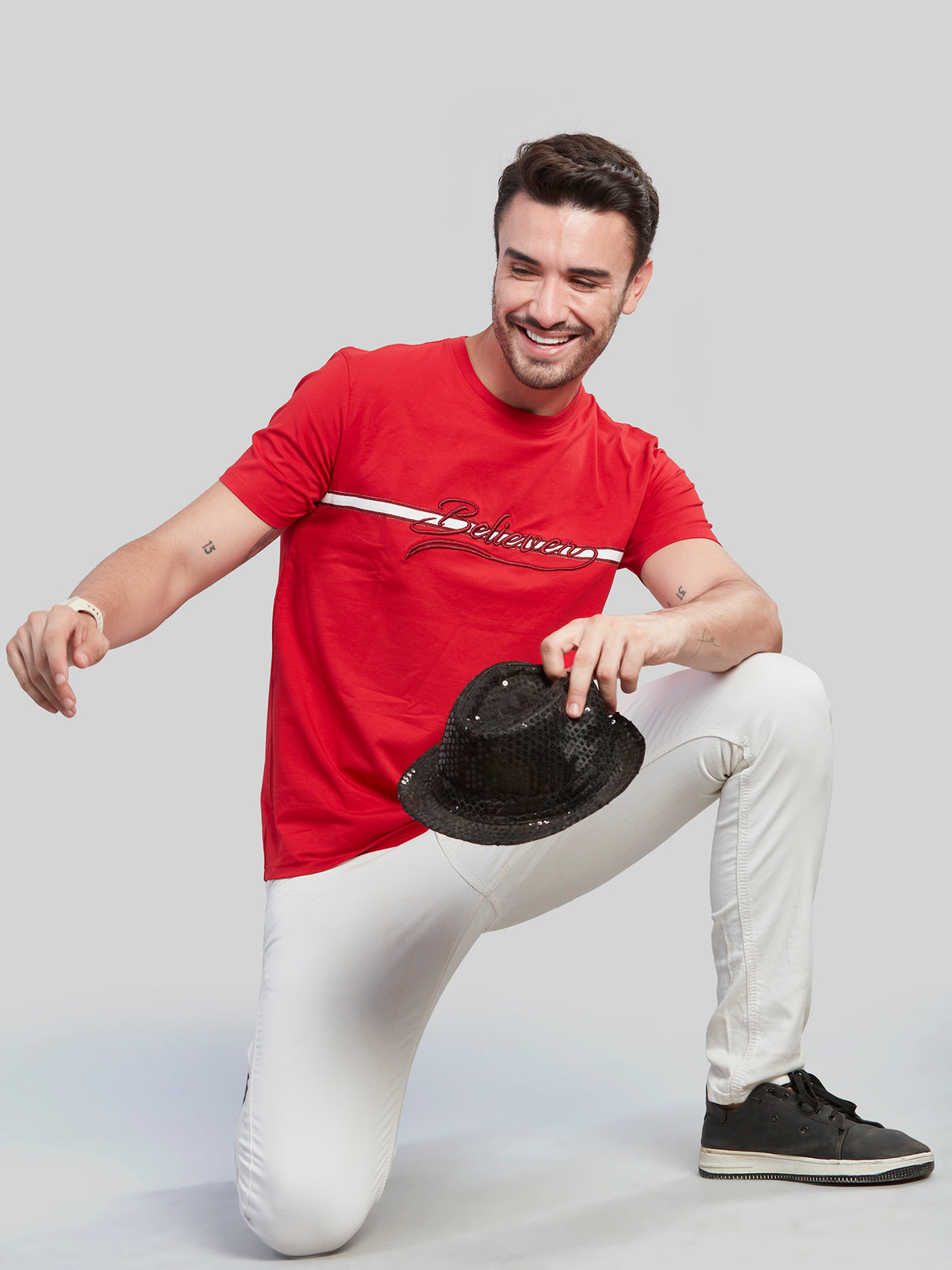 Red with White Printed Round Neck T-Shirt