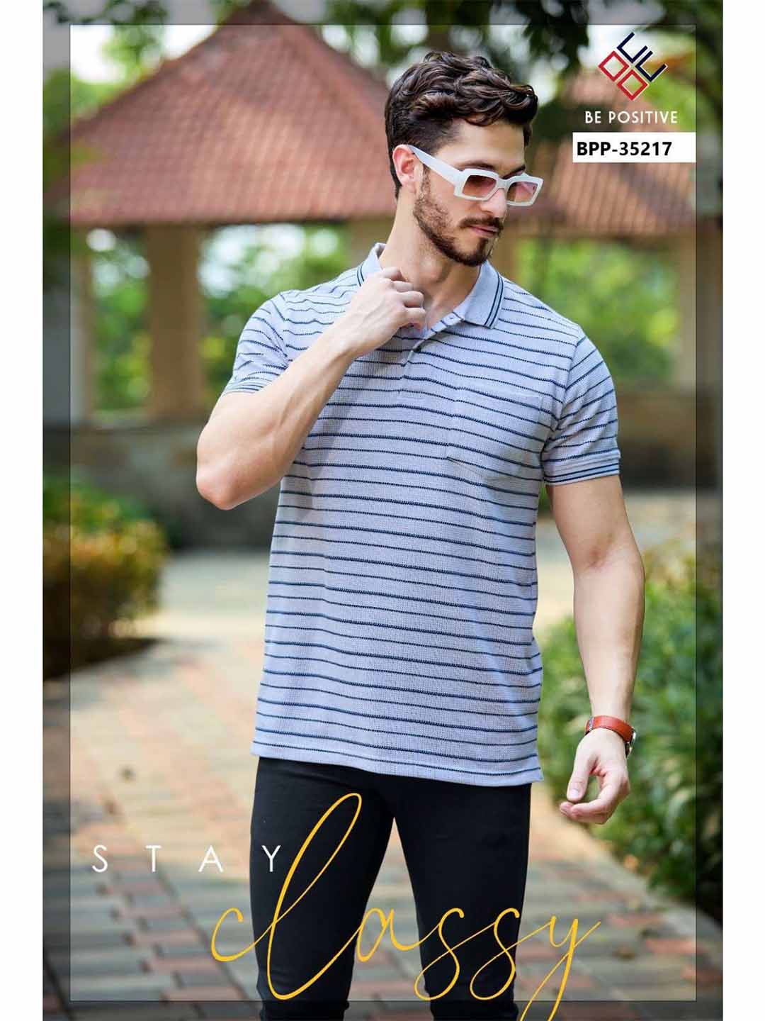 Grey Striped Polo Neck T-Shirt