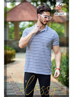 Grey Striped Polo Neck T-Shirt
