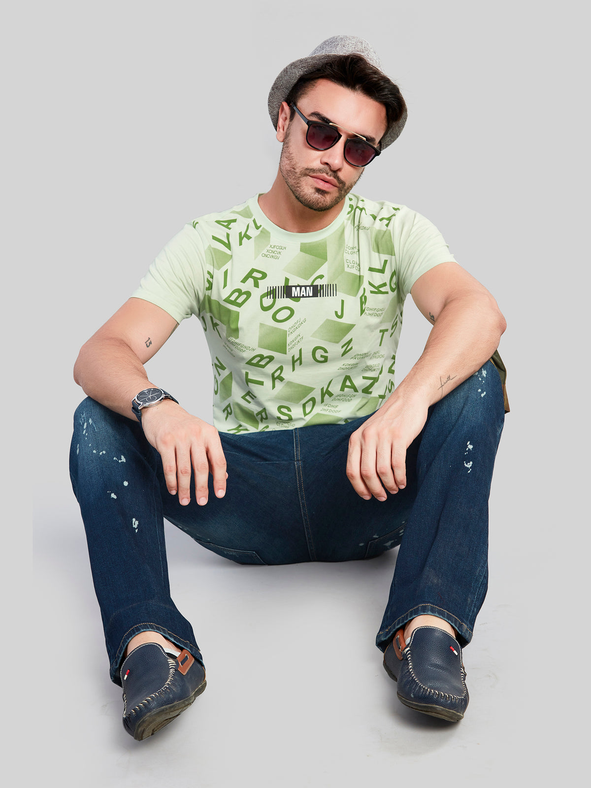 Sea Green Printed Round Neck T-Shirt