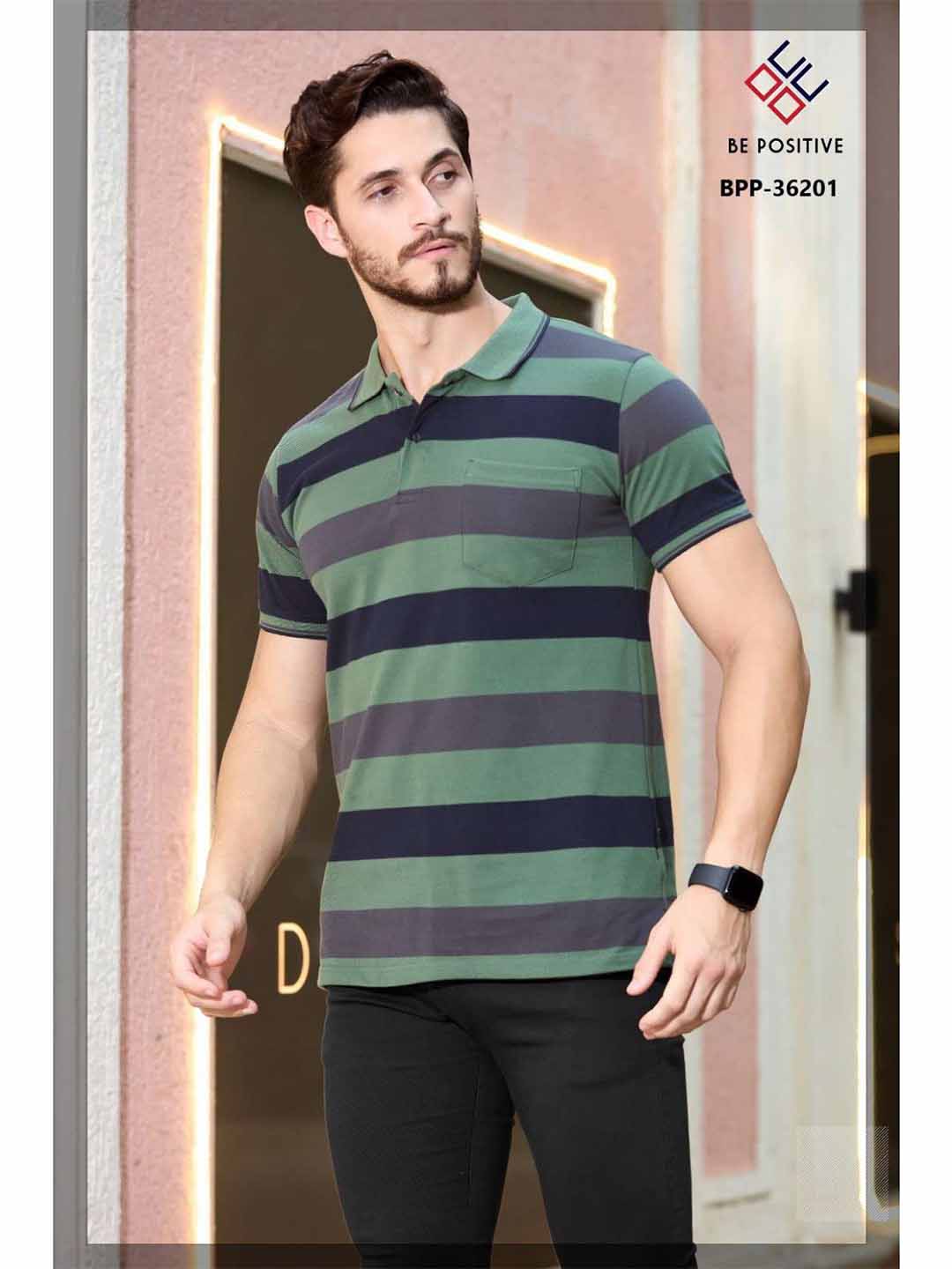 Green Striped Polo Neck T-Shirt