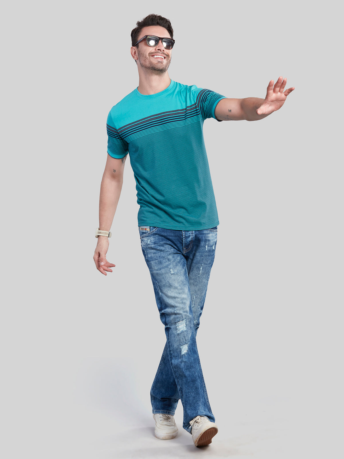 Green Striped Round neck T-Shirt