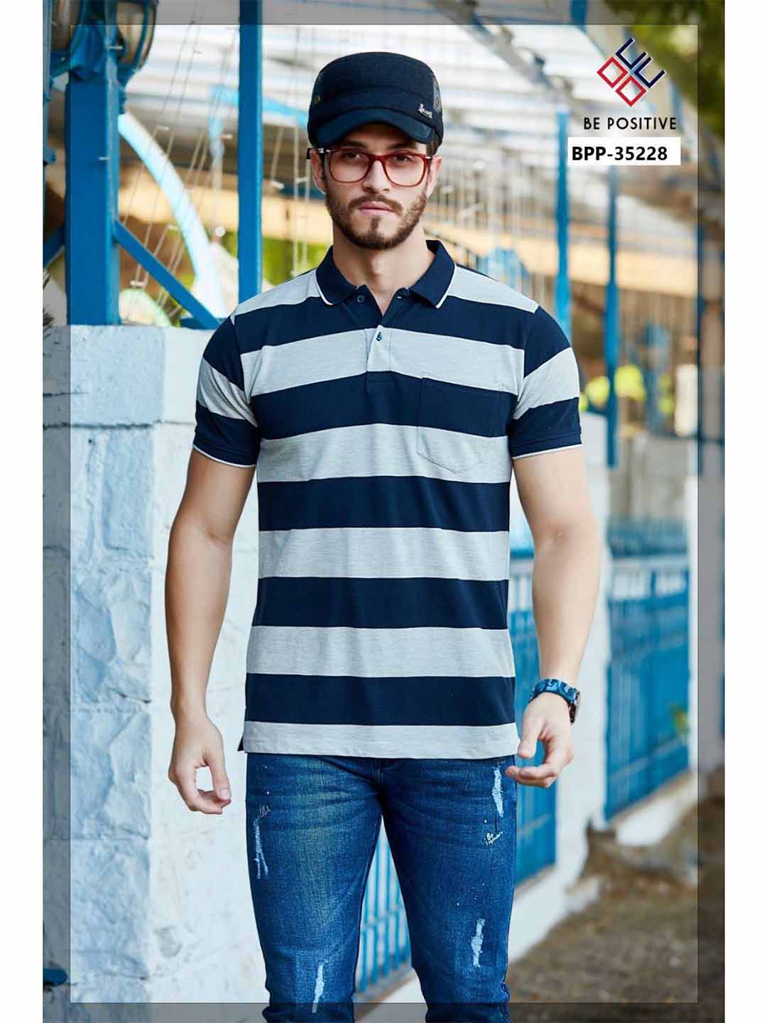 Navy Striped Polo Neck T-Shirt