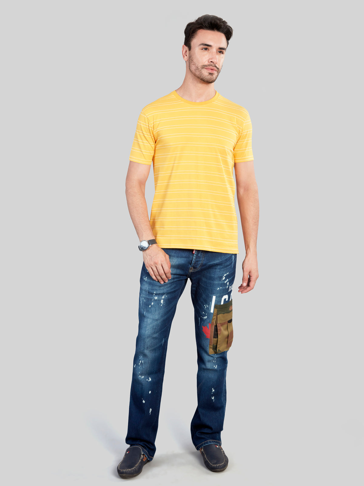Yellow Striped Round Neck T-Shirt