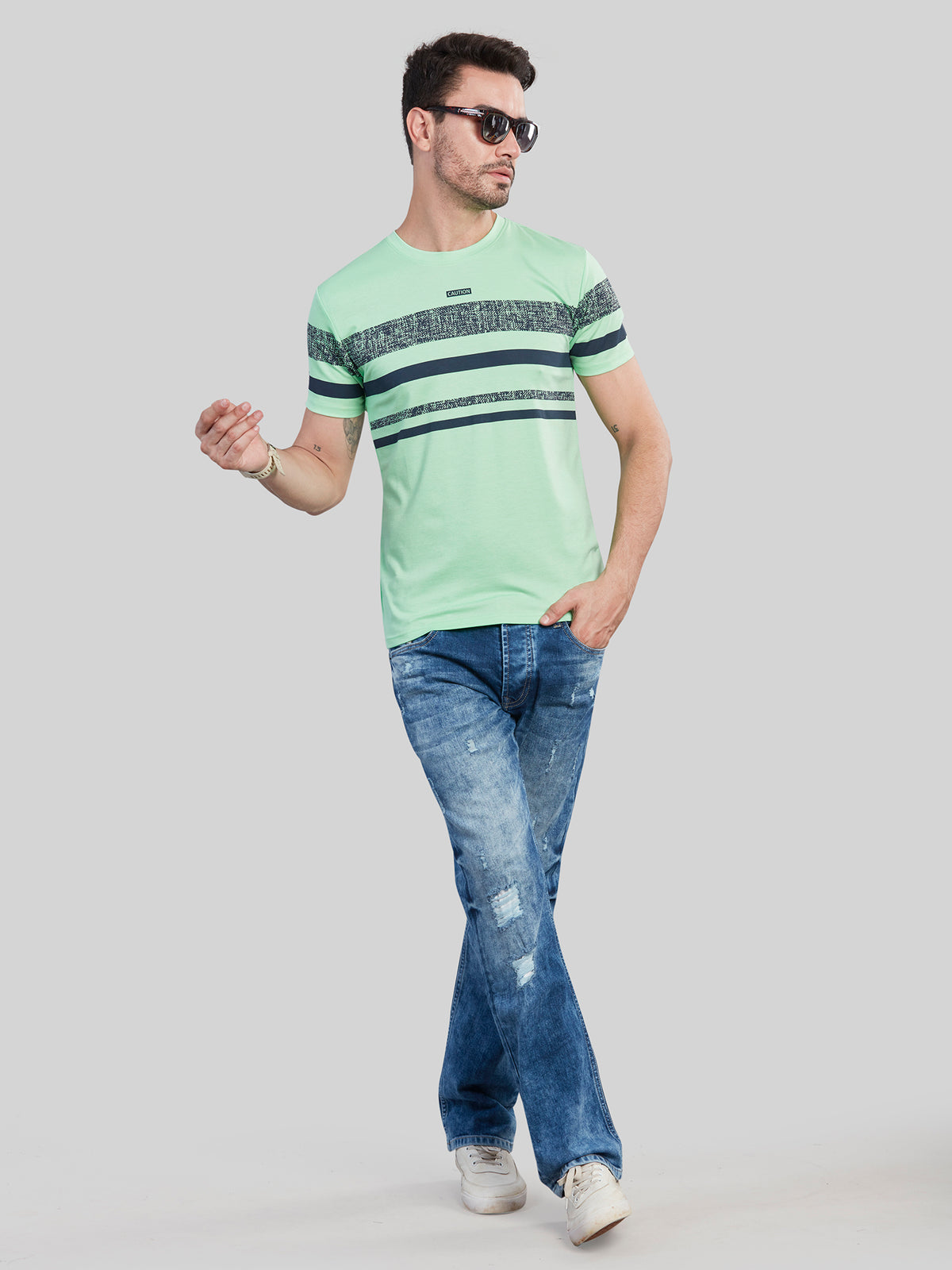 Green Striped Round Neck T-Shirt