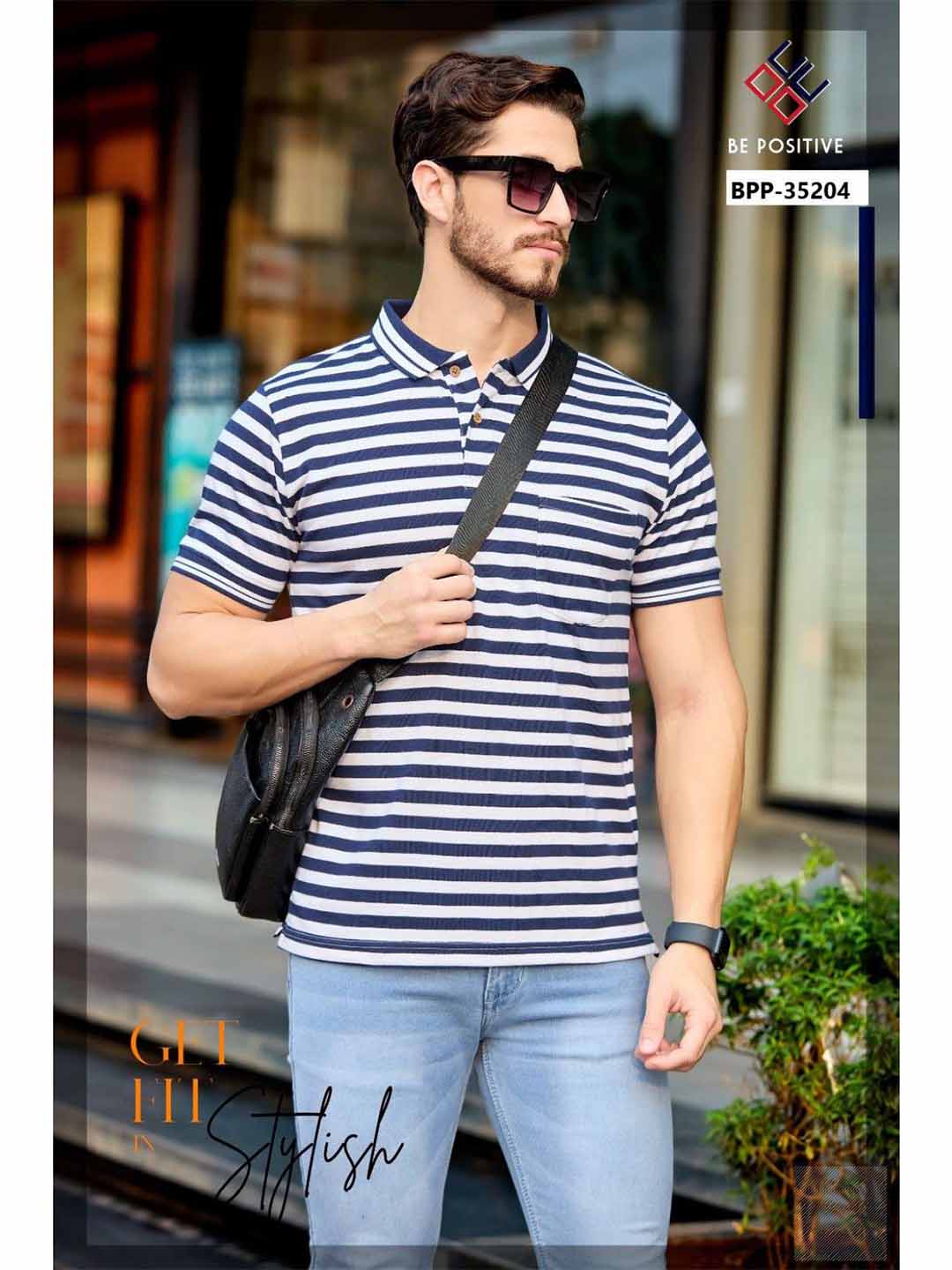 Navy Strpied Polo Neck T-Shirt